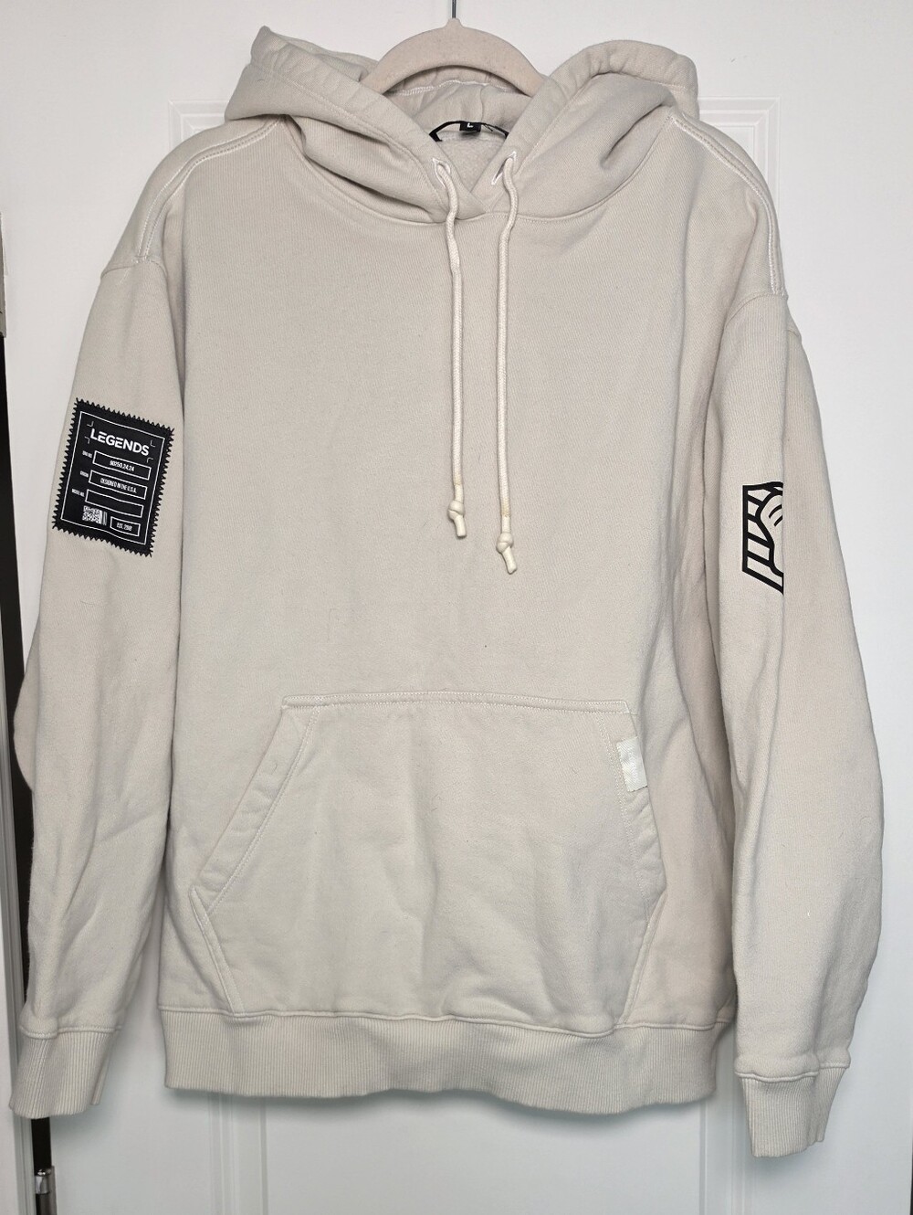 Legends Heavyweight Fleece Hoodie Large Cream Beige Streetwear Patch Made in USA - Picture 2 of 12